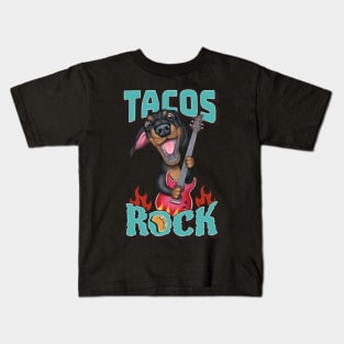 funny and cute doxie dog guitar with Tacos Rock dachshund playing guitar Kids T-Shirt